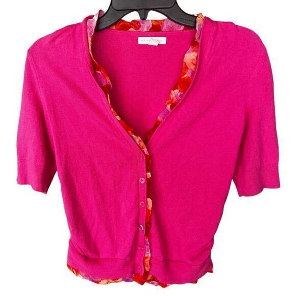 NY & Co. Short sleeve pink floral trim cardigan sweater ruched sides Career SZ S
